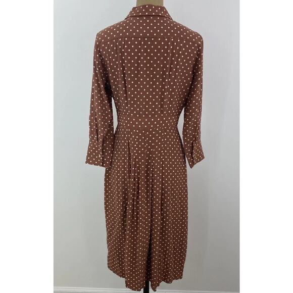 Topshop Brown Cream Polka-Dot 3/4 Sleeve Front Button Pleated Slit Maxi Dress 2 - Picture 4 of 14